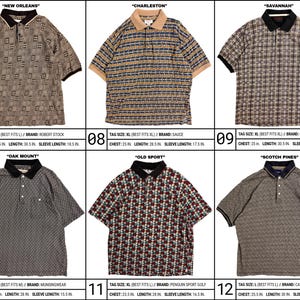 May include: A collection of six short-sleeve polo shirts featuring various patterns and colors, including New Orleans, Charleston, Savannah, Oak Mount, Old Sport, and Scotch Pines, each with specific brand, size, and measurement details listed below.