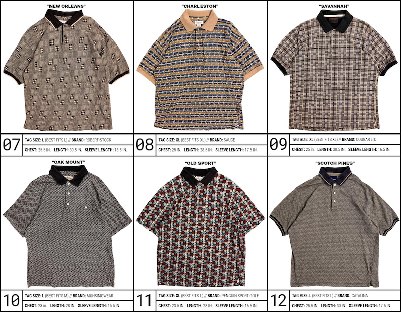 May include: A collection of six short-sleeve polo shirts featuring various patterns and colors, including New Orleans, Charleston, Savannah, Oak Mount, Old Sport, and Scotch Pines, each with specific brand, size, and measurement details listed below.