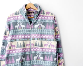 Chaqueta de invierno vintage de forro polar con cremallera, estilo bosque pastel.