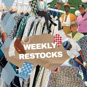 May include: A collage featuring vintage golf-themed imagery, including various patterned polo shirts, golf apparel, a golf club, a ball, and a blue woven lawn chair. The text WEEKLY RESTOCKS is printed in white on a central brown paper cutout.