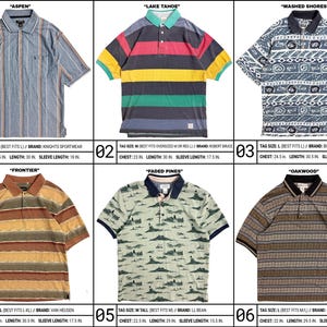 May include: A collection of six short-sleeve polo shirts featuring various patterns and colors, including striped, geometric, and landscape prints. Each shirt is labeled with a name, brand, and specific measurements in inches for chest, length, and sleeves.
