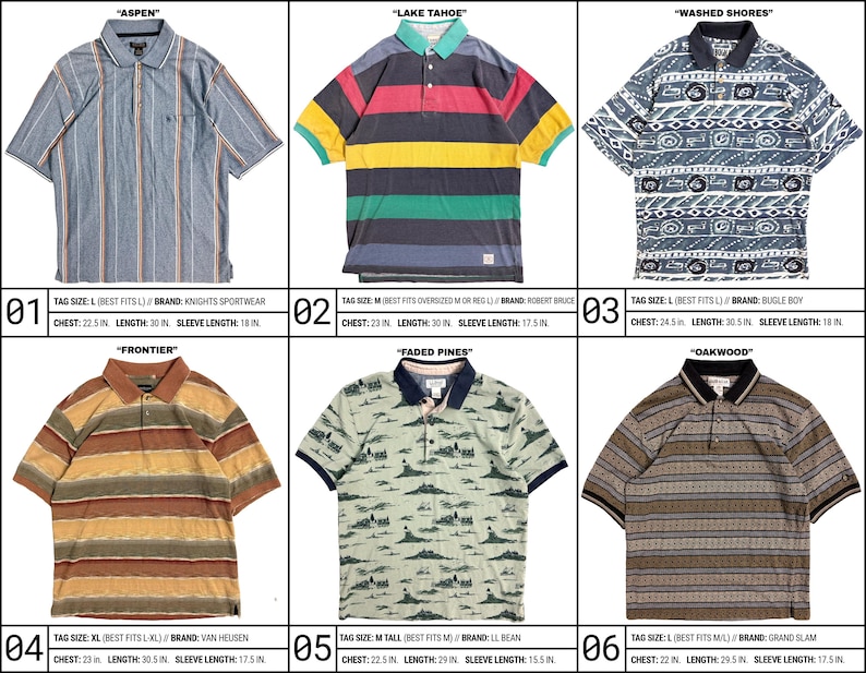 May include: A collection of six short-sleeve polo shirts featuring various patterns and colors, including striped, geometric, and landscape prints. Each shirt is labeled with a name, brand, and specific measurements in inches for chest, length, and sleeves.