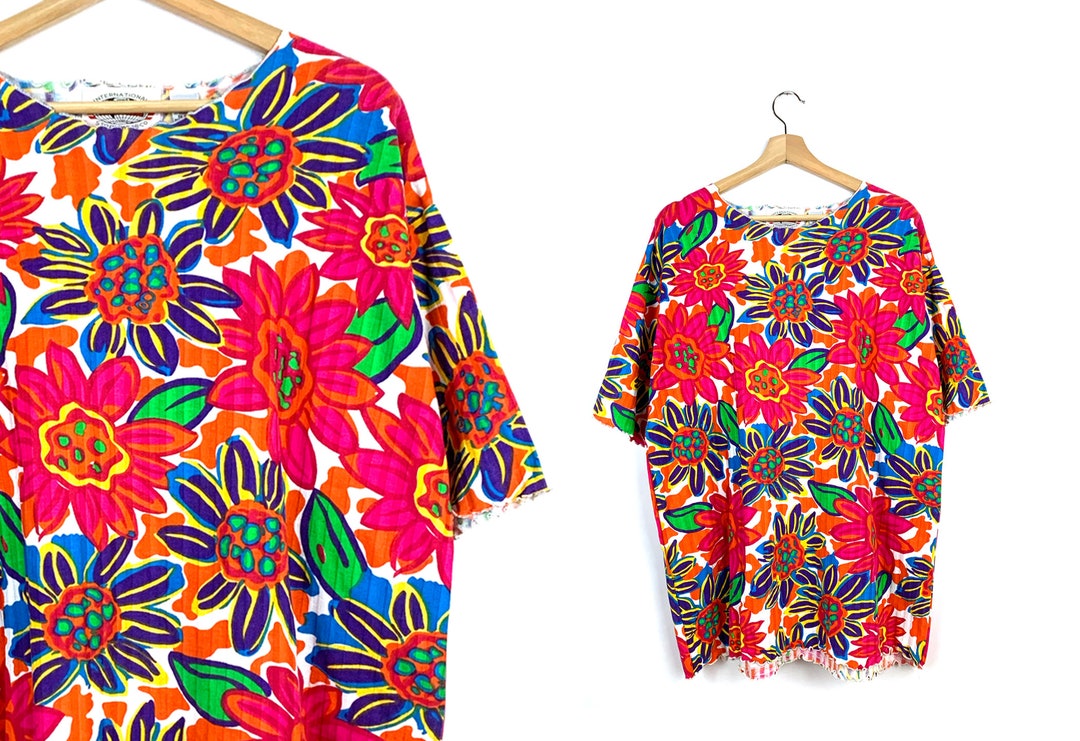 90s Vintage Vibrant Floral Print Oversized Top - Etsy