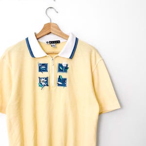 90s Vintage Yellow Floral Pullover Zip Polo Top