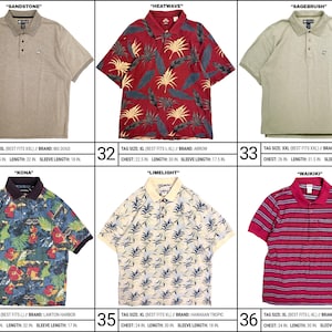 May include: A collection of six short-sleeve polo shirts in various colors and patterns. The shirts include solid tan, red with yellow and black tropical leaves, solid sage green, blue with floral prints, cream with blue leaves, and red with blue stripes.