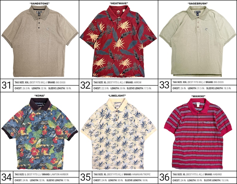 May include: A collection of six short-sleeve polo shirts in various colors and patterns. The shirts include solid tan, red with yellow and black tropical leaves, solid sage green, blue with floral prints, cream with blue leaves, and red with blue stripes.