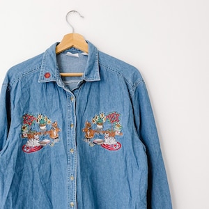 90s Vintage Floral Cats Embroidery Denim Shirt