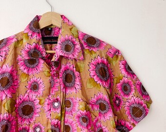 90s Vintage Pink Sunflower Floral Blouse Top