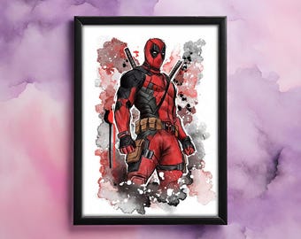 May include: A digital illustration of Deadpool, a superhero character, in a red and black suit with a mask. The illustration is set against a watercolour background with splashes of red, black, and grey.