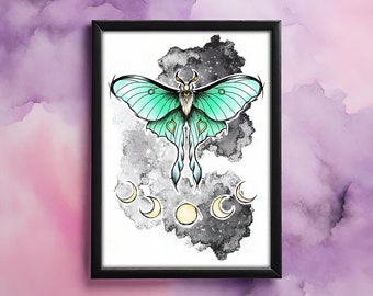 Luna Moth with whispy Moon Phases A4 Print