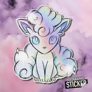 May include: A holographic sticker featuring a cartoon illustration of a white, fluffy Pokemon with blue eyes. The sticker has a rainbow iridescent finish and says "HOLOGRAPHIC STICKER" at the bottom.