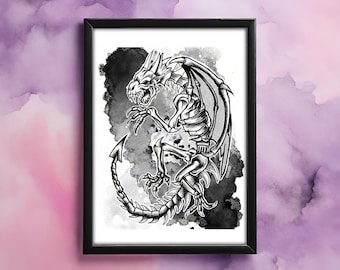 Dragon Skeleton Watercolour Gothic Print