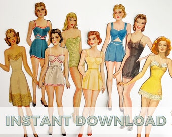 Vintage paper dolls printable, Digital ephemera pack, Mixed media and junk journal collage, Digital download, Junk journal printables