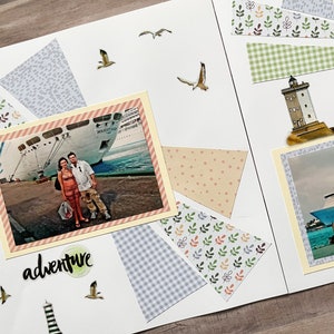 May include: A scrapbook page with a photo of a couple standing in front of a cruise ship. The page is decorated with various patterned papers, including gingham, polka dots, and leaves. The word "adventure" is written in black script on a yellow circle.