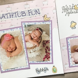 Diseño de álbum de recortes de baño de niña bebé prefabricado - Diseños de álbum de recortes de niña bebé - Páginas de baño de niña bebé - 12 por 12 páginas de niña bebé