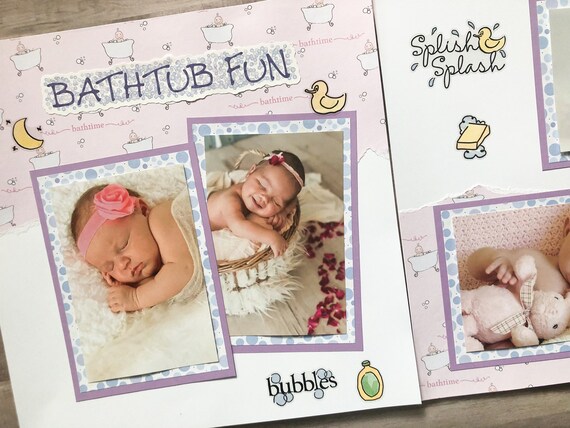 Premade Baby Girl Bath Scrapbook Layout Baby Girl Scrapbook Layouts Baby  Girl Bath Pages 12 by 12 Baby Girl Pages 