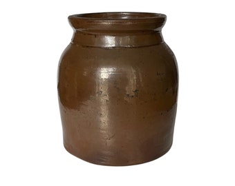 Antique brown stoneware crock, primitive pottery crock. rustic pantry decor