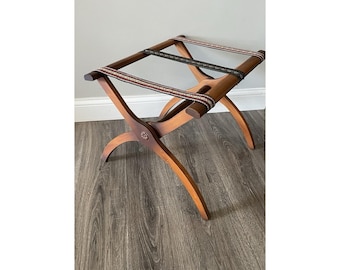 Vintage Wood Folding Luggage Rack Stand Carved Rosettes Woven Straps Regency