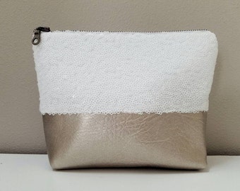 Sequin and Faux Leather Cosmetic & Toiletry Bag - White Sequin, Champagne Gold  Faux Leather, Matte Satin Lining