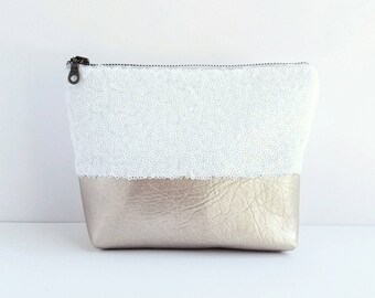Faux Leather Cosmetic & Toiletry Bag - Blush Damask Embossed Faux Leather, Champagne Gold  Faux Leather, Matte Satin Lining