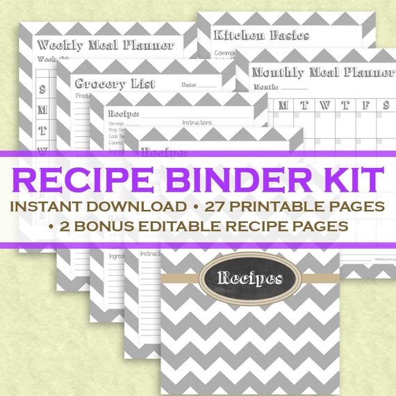 Printable Recipe Binder Kit  29 Printable Pages Instant