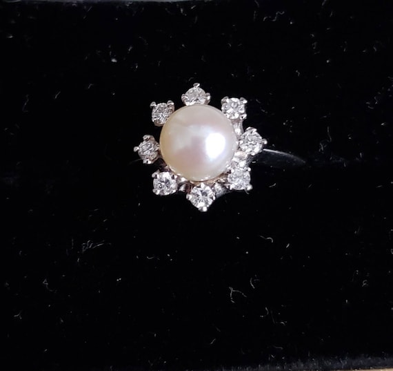 Vintage Estate Pearl and Halo Diamond Ring 18K - image 1