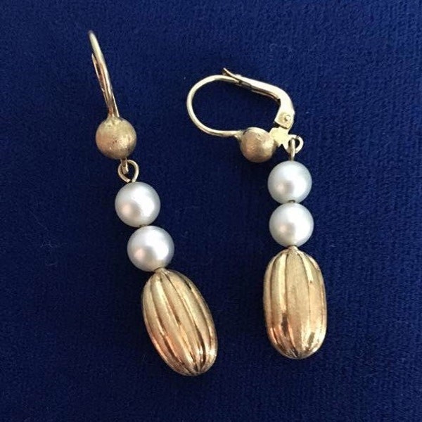 Vintage, Estate, 18K Yellow Gold Oval Drop and Pearl Leverback Earrings - 1960's *Local Pickup Only*