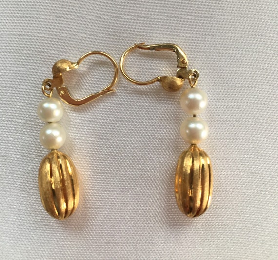 Vintage, Estate, 18K Yellow Gold Oval Drop and Pe… - image 2
