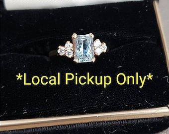 Estate Emerald Cut Genuine Aquamarine and Diamond Ring 14K - *In-Person pickup only*