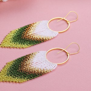 Gold White and Olive Beaded Earrings Ombre Long Fringe Light Weight Beaded Earrings Gift For Her Handmade Handwoven Gradient Earrings