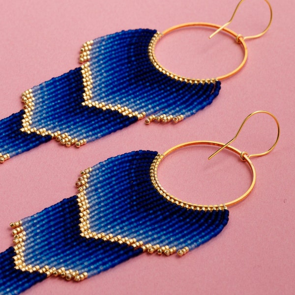 Blue Gradient Gold Beaded Earrings Ombre Long Fringe Light Weight Beaded Earrings Gift For Her Handmade Handwoven Gradient Earrings