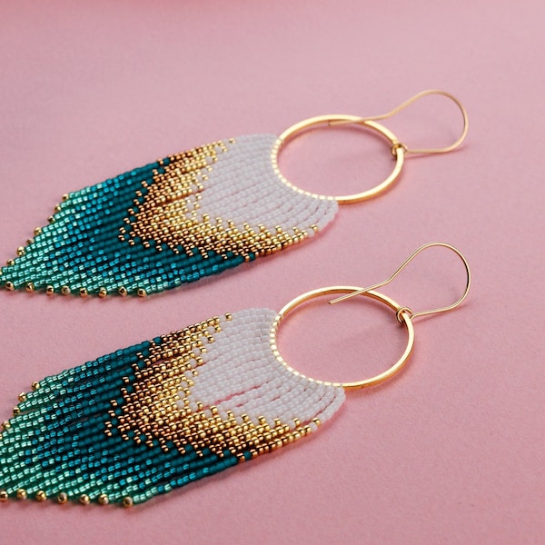 Gold White and Azure Beaded Earrings Ombre Long Fringe Light Weight Beaded Earrings Gift For Her Handmade Handwoven Gradient Earrings