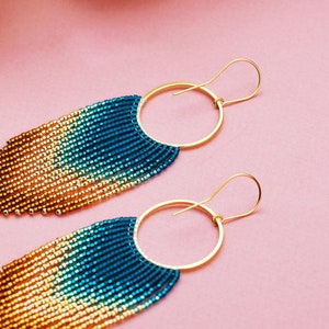 Turquoise-Beige Gradient Beaded Earrings – Short Fringe Glass Beads, Gold-Plated Hooks