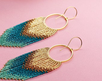 Gold White and Azure Beaded Earrings Ombre Long Fringe Light Weight Beaded Earrings Gift For Her Handmade Handwoven Gradient Earrings