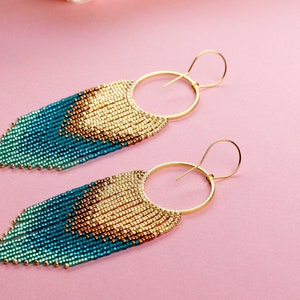 Boucles d'oreilles franges en perles d'or turquoise, pendentif bohème, bijoux faits main