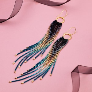 Handmade Ombre Beaded Fringe Earrings: Black, Teal & Gold