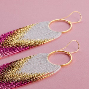 Gold White and Pink Beaded Earrings Ombre Long Fringe Light Weight Beaded Earrings Gift For Her Handmade Handwoven Gradient Earrings