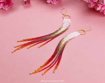 Gold White and Red Pink Beaded Earrings Ombre Long Fringe Light Weight Beaded Earrings Gift For Her Handmade Handwoven Gradient Earrings