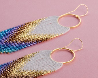 Gold White and Violet Blue Beaded Earrings Ombre Long Fringe Light Weight Beaded Earrings Siren Handmade Mermaid Gradient Earrings