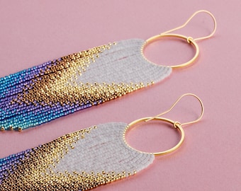 Gold White and Violet Blue Beaded Earrings Ombre Long Fringe Light Weight Beaded Earrings Siren Handmade Mermaid Gradient Earrings