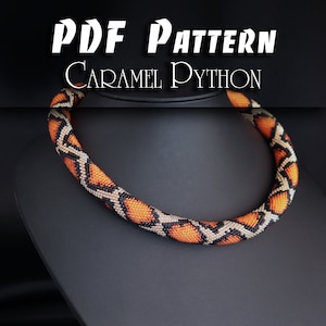May include: PDF pattern for a beaded necklace with a caramel python design. The necklace is made with orange, black, and white beads.