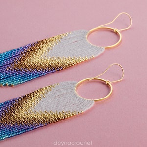 Gold White and Violet Blue Beaded Earrings Ombre Long Fringe Light Weight Beaded Earrings Siren Handmade Mermaid Gradient Earrings