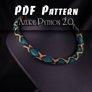 May include: PDF pattern for a beaded necklace with a blue and gold snake design. The necklace is on a black display stand. The text "PDF PATTERN AZURE PYTHON 2.0" is at the top of the image.