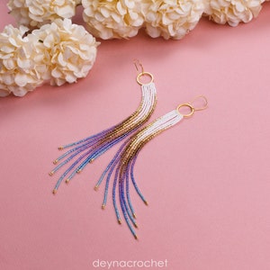Gold White and Violet Blue Beaded Earrings Ombre Long Fringe Light Weight Beaded Earrings Gift For Her Handmade Handwoven Gradient Earrings
