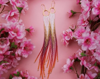 Gold, White and Pink Gradient Beaded Earrings – Handmade Long Fringe Jewelry