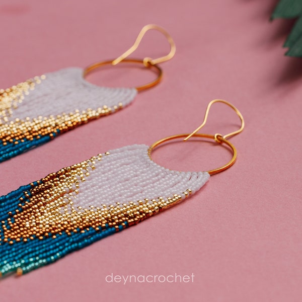 Gold White and Azure Beaded Earrings Ombre Long Fringe Light Weight Beaded Earrings Gift For Her Handmade Handwoven Gradient Earrings