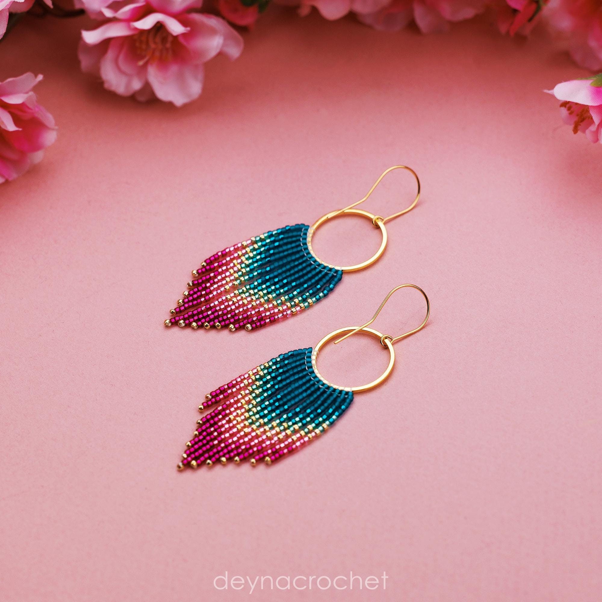 Turquoise Pink Beaded Fringe Earrings - Ombre Short Fringe Lightweight Handmade Gradient Earrings - Perfect Gift for Her - Teal Earrings