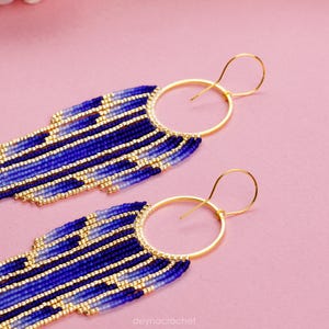 Blue and Gold Beaded Fringe Earrings - Handmade Lightweight Fringe Beaded Earrings - Perfect Gift for Her