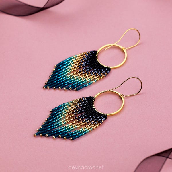 Teal Beaded Fringe Earrings Handmade Ombre Gold-Plated Hooks