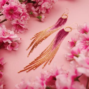 Peach, Rose & Bronze Seed Bead Fringe Earrings